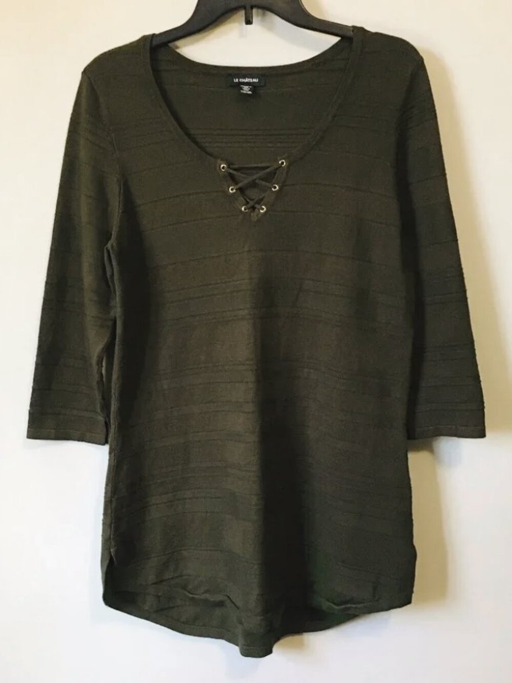 VTG Y2K le chateau Olive Green Corset Lace Up Collar Knit Barred Sweater XXL